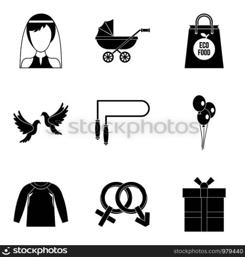 Female happiness icons set. Simple set of 9 female happiness vector icons for web isolated on white background. Female happiness icons set, simple style