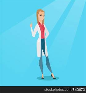 Female happy doctor in medical gown showing finger up. Young caucasian doctor with finger up. Smiling woman in doctor uniform pointing finger up. Vector flat design illustration. Square layout.. Doctor showing finger up vector illustration.