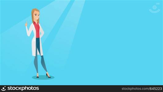 Female happy doctor in medical gown showing finger up. Young caucasian doctor with finger up. Smiling woman in doctor uniform pointing finger up. Vector flat design illustration. Horizontal layout.. Doctor showing finger up vector illustration.