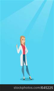 Female happy doctor in medical gown showing finger up. Young caucasian doctor with finger up. Smiling woman in doctor uniform pointing finger up. Vector flat design illustration. Vertical layout.. Doctor showing finger up vector illustration.
