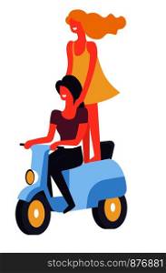 Female happy friends riding motor bike together vector. Fun time of people in friendship, lady driving transport with two wheels and woman standing on seat. Cheerful driver enjoyment of speed. Female happy friends riding motor bike together vector