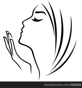 Female head and hand abstract simple outline, stylized vector design element isolated on the white background