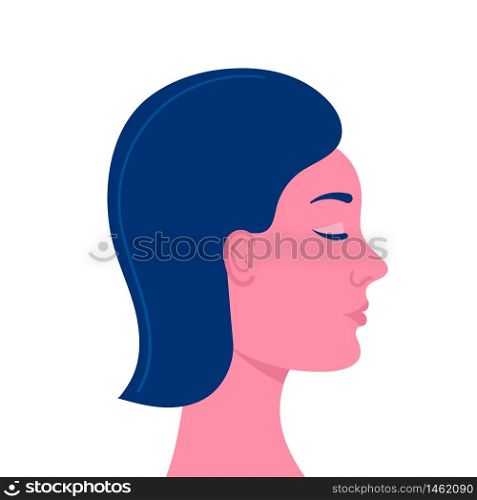 Female head in profile on a white background.Young beautiful girl with closed eyes.Fashion, youth, healthy skin, hair, hairstyle.Flat vector stock illustration. Isolated