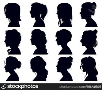 Female head silhouette. Women faces profile portraits, adult female anonymous characters face silhouettes. Girls profiles vector illustration set. Elegant beautiful ladies with hairdo. Female head silhouette. Women faces profile portraits, adult female anonymous characters face silhouettes. Girls profiles vector illustration set