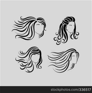 Female head silhouettes with beautiful hair. Silhouettes of beautiful womens heads with long hair. Female head silhouettes with long hair