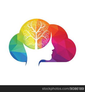 Female head with brain tree logo concept. Organic brain tree mind concept design. 