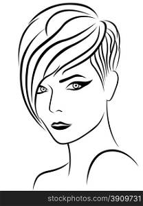 Female head with nice elegant hairstyle, sketch drawing vector outline