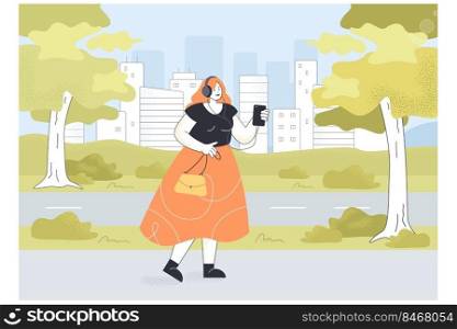 Female hipster listening to music in headset on phone outdoors. Happy cartoon girl in headphones walking down street flat vector illustration. Music, leisure, traveling, youth  concept for banner