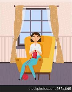 Female holding needles and ball of yarn, knitting at home. Woman sitting on armchair and crocheting interior of room, window with curtain, leisure. Vector illustration in flat cartoon style. Needlework Hobby, Woman Crocheting, Home Vector