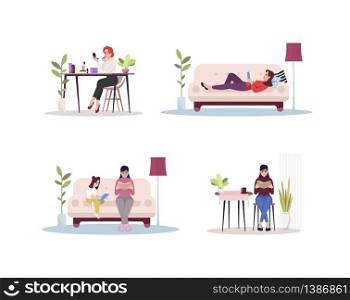 Female home activity semi flat RGB color vector illustration set. Person at leisure with book. Lady apply makeup. Caucasian woman sit indoors isolated cartoon character on white background. Female home activity semi flat RGB color vector illustration set