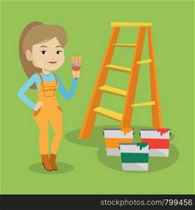 Female house painter holding a paintbrush. House painter with paintbrush in hand standing near step-ladder and paint cans. Concept of house renovation. Vector flat design illustration. Square layout.. Painter with paint brush vector illustration.