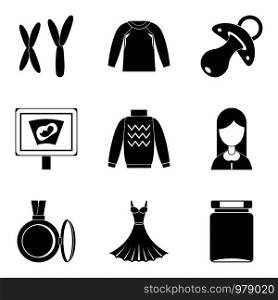 Female human icons set. Simple set of 9 female human vector icons for web isolated on white background. Female human icons set, simple style
