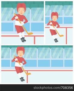 Female ice hockey player skating on ice rink. Professional ice hockey player with a stick. Sportswoman playing ice hockey. Vector flat design illustration. Square, horizontal, vertical layouts.. Ice hockey player with stick vector illustration.
