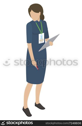 Female in blue midi dress holds gray tablet in one hand, other arm keeps red pen, looking sideways. Vector illustration on white background.. Female in Blue Midi Dress Holds Tablet and Pen