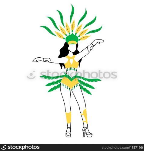 Female in carnival clothing flat silhouette vector illustration. Lady in body adornment. Brazil carnival 2D isolated character on white background. Masquerade. Girl in ethnic wear simple style drawing