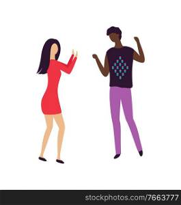 Female in dress dancing opposite near male in casual clothes, girl and boy moving together, people with raising hands, dance and entertainment vector. Man and Woman Dancing Opposite Each Other Vector