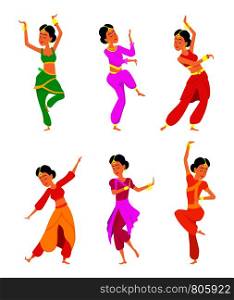 Female indian dancers. Cartoon characters female indian dancer, dance traditional ethnic, vector illustration. Female indian dancers. Cartoon characters