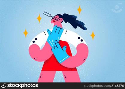 Female inspector wear rubber gloves for checking during corona virus pandemic times. Woman professional investigator in hand gear examine test safety and clean. Flat vector illustration. . Female inspector in gloves ready for check