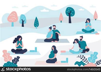 Female instructor sitting in lotus yoga pose. Beauty pregnant women and handsome men outdoors. Health care, athletic family in park. Yoga lesson with woman teacher. Fitness for pregnant. Vector