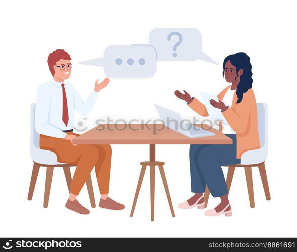 Female interviewer asking potential employee semi flat color vector characters. Editable figures. Full body people on white. Simple cartoon style illustration for web graphic design and animation. Female interviewer asking potential employee semi flat color vector characters