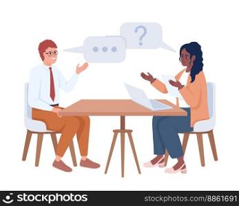 Female interviewer asking potential employee semi flat color vector characters. Editable figures. Full body people on white. Simple cartoon style illustration for web graphic design and animation. Female interviewer asking potential employee semi flat color vector characters