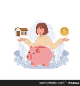 Female investing finance in home concept. Woman Saving money for buying a house. Flat vector cartoon character illustration