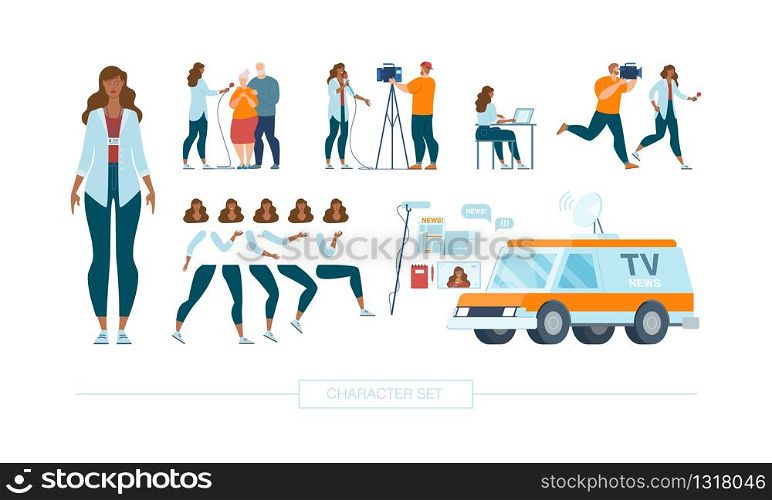 Female Journalist Character Constructor Isolated, Trendy Flat Design Elements Set. Television Reporter Taking Interview, Filming Reportage on Camera, Body Parts, Emotions, TV Chanel Car Illustrations