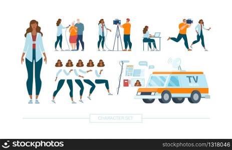 Female Journalist Character Constructor Isolated, Trendy Flat Design Elements Set. Television Reporter Taking Interview, Filming Reportage on Camera, Body Parts, Emotions, TV Chanel Car Illustrations