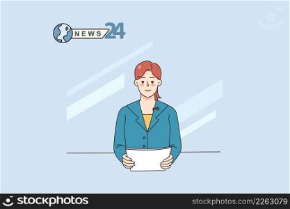 Female journalist doing news reportage in studio. Woman tv presenter or host speak on camera for entertaining show. Journalism and entertainment. Flat vector illustration.. Woman journalist talk on TV reporting news