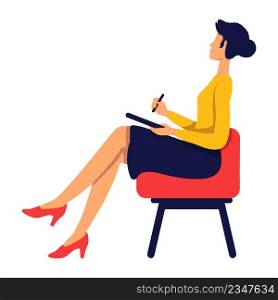 Female journalist sitting in armchair semi flat color vector character. Full body person on white. Taking interview simple cartoon style illustration for web graphic design and animation. Female journalist sitting in armchair semi flat color vector character