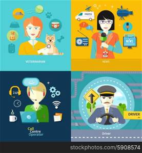 Female journalist with badge holding microphone. Male driver in uniform and cap behind the wheel. Veterinarian examining a cat with stethoscope. Customer online consulting service operator in flat design