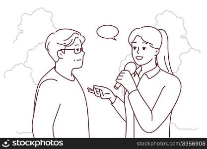 Female journalist with microphone interview elderly man in park. Woman with mic talk with old male on street. Vector illustration. . Female journalist interview elderly man 