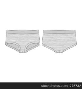 Female knickers in melange fabric. Women panties. Lingerie underwear for girls isolated on white background. Lady underpants technical sketch. Fashion vector illustration. Female knickers in melange fabric. Women panties. Lingerie underwear for girls