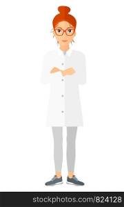 Female laboratory assistant vector flat design illustration isolated on white background. Vertical layout.. Female laboratory assistant.