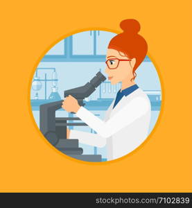 Female laboratory assistant working with microscope at the laboratory. Young scientist using a microscope in a laboratory. Vector flat design illustration in the circle isolated on background.. Laboratory assistant with microscope.