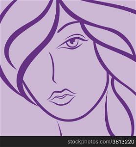 Female laconic heads outline in violet hues, hand drawing vector simple illustration
