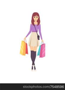 Female lady walking with bags and handbag on shoulder vector. Shopper with bought items, happy woman shopping day and purchases placed in containers. Female Lady Walking with Bags and Handbag Vector
