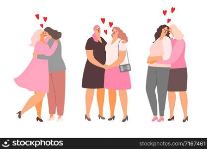 Female lesbian couples hug and kiss. Homosexuality of female, homosexual love lesbian, vector illustration. Female lesbian couples hug and kiss. Homosexuality love
