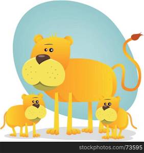 Female Lion And Its Babies. Illustration of a cute cartoon african lion family with mother and its babies