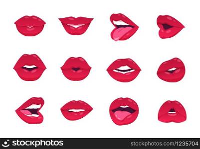 Female lips. Cartoon sexy woman smile, open closed and smiley mouth, red lips isolated on white. Vector lips kiss gesture and makeup, smiling image lip girl. Female lips. Cartoon sexy woman smile, open closed and smiley mouth, red lips isolated on white. Vector lips kiss gesture and makeup