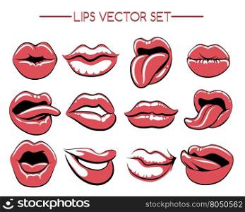 Female lips expression set. Female lips or womans lip gestures. Lips expression vector set