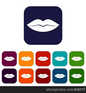 Female lips icons set vector illustration in flat style in colors red, blue, green, and other. Female lips icons set