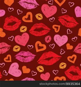 Female lips lipstick kiss and hearts seamless pattern cosmetics and love background