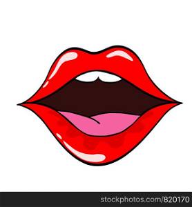 Female lips. Mouth with a kiss, smile, tongue, teeth. Vector comic illustration in pop art retro style isolated on white background.