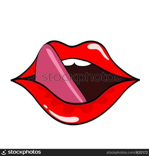 Female lips. Mouth with a kiss, smile, tongue, teeth. Vector comic illustration in pop art retro style isolated on white background.