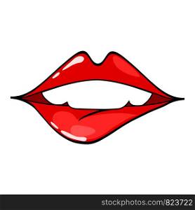 Female lips. Mouth with a kiss, smile, tongue, teeth. Vector comic illustration in pop art retro style isolated on white background.