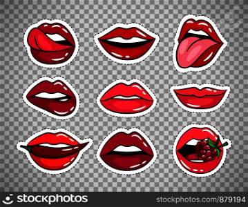 Female lips patches set isolated on transparent background, vector illustration. Female lips patches on transparent background
