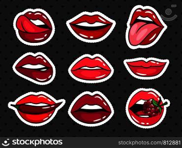Female lips patches set on grey background. Vector glossy badges or stickers collection. Female lips stickers set