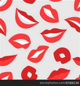 Female lips seamless pattern. Mouths with red lipstick in variety of expressions. Easy to use for backdrop, textile, wrapping paper.