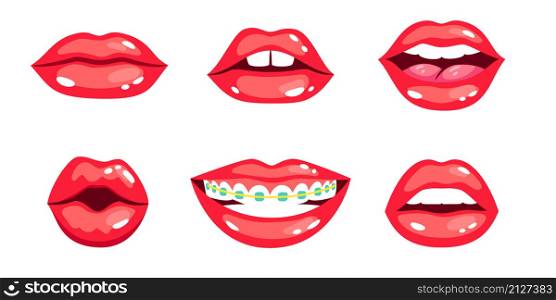 Female lips set. Cartoon beautiful kisses with red lipstick, sensual romance of smiles with teeth, vector illustration of sexy glamorous lips of women isolated on white background. Female lips set